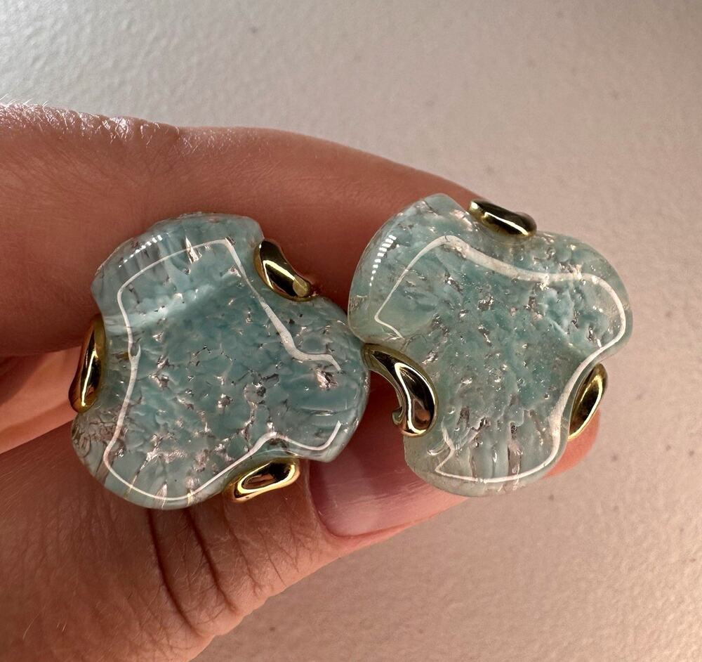 vintage kreisler craft usa cufflinks aqua lucite glass gold tone mid century